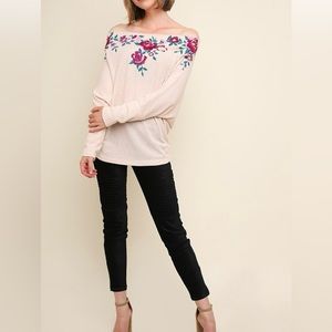 NWT Umgee Floral Embroidered Off Shoulder Thermal Waffle Knit Long Sleeve Top